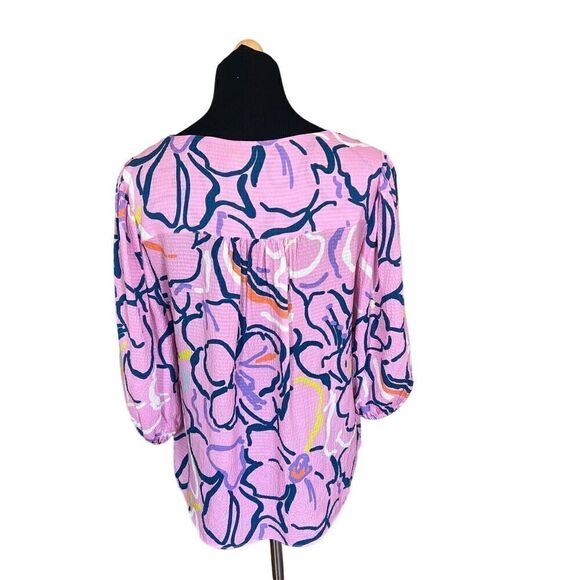 Tanya Taylor Pink Painted Floral Textured Silk 3/4 Sleeve V Neck Blouse Size 4 - Picture 6 of 8